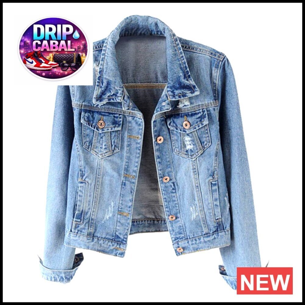 Distressed Ripped Denim Jacket Women's Long Sleeve Button Down Regular Fit